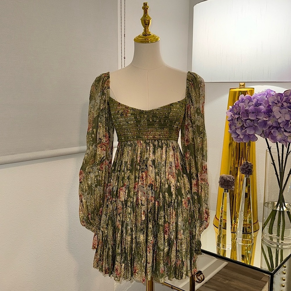 HEMANT & NANDITA GOLD FOIL FLORAL MINI DRESS SIZE XS